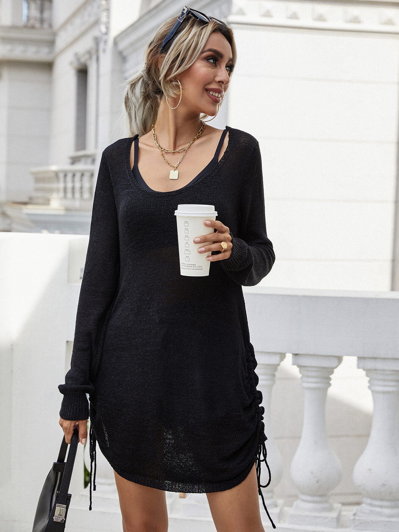 Drawstring Detail Open Back Scoop Neck Knit Top - GlamZation