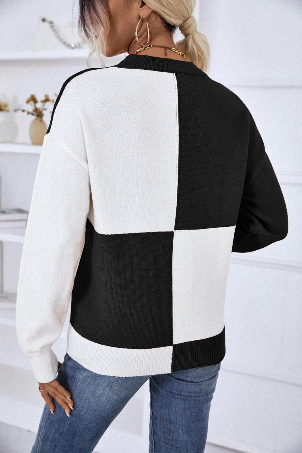 Color Block Ribbed Trim Dropped Shoulder Knit Pullover - GlamZation