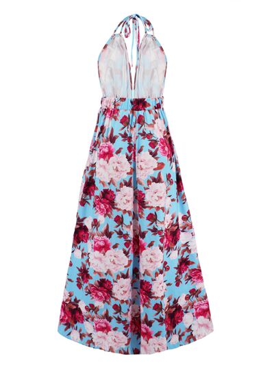 Slit Backless Printed Halter Neck Dress