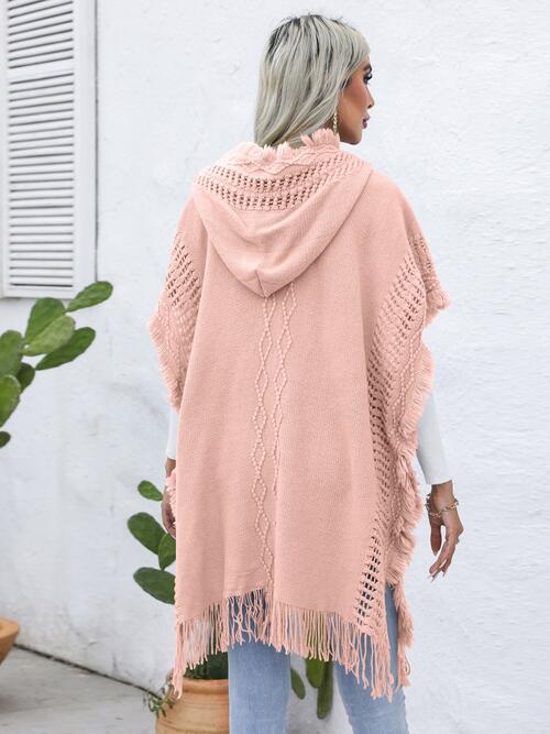 Fringe Trim Buttoned Hooded Poncho