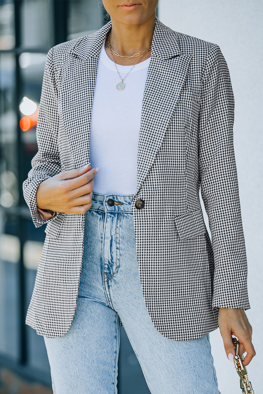 Plaid Lapel Collar Button Cuff Blazer