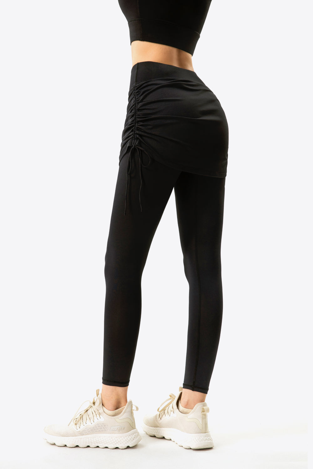 Drawstring Ruched Faux Layered Yoga Leggings - GlamZation