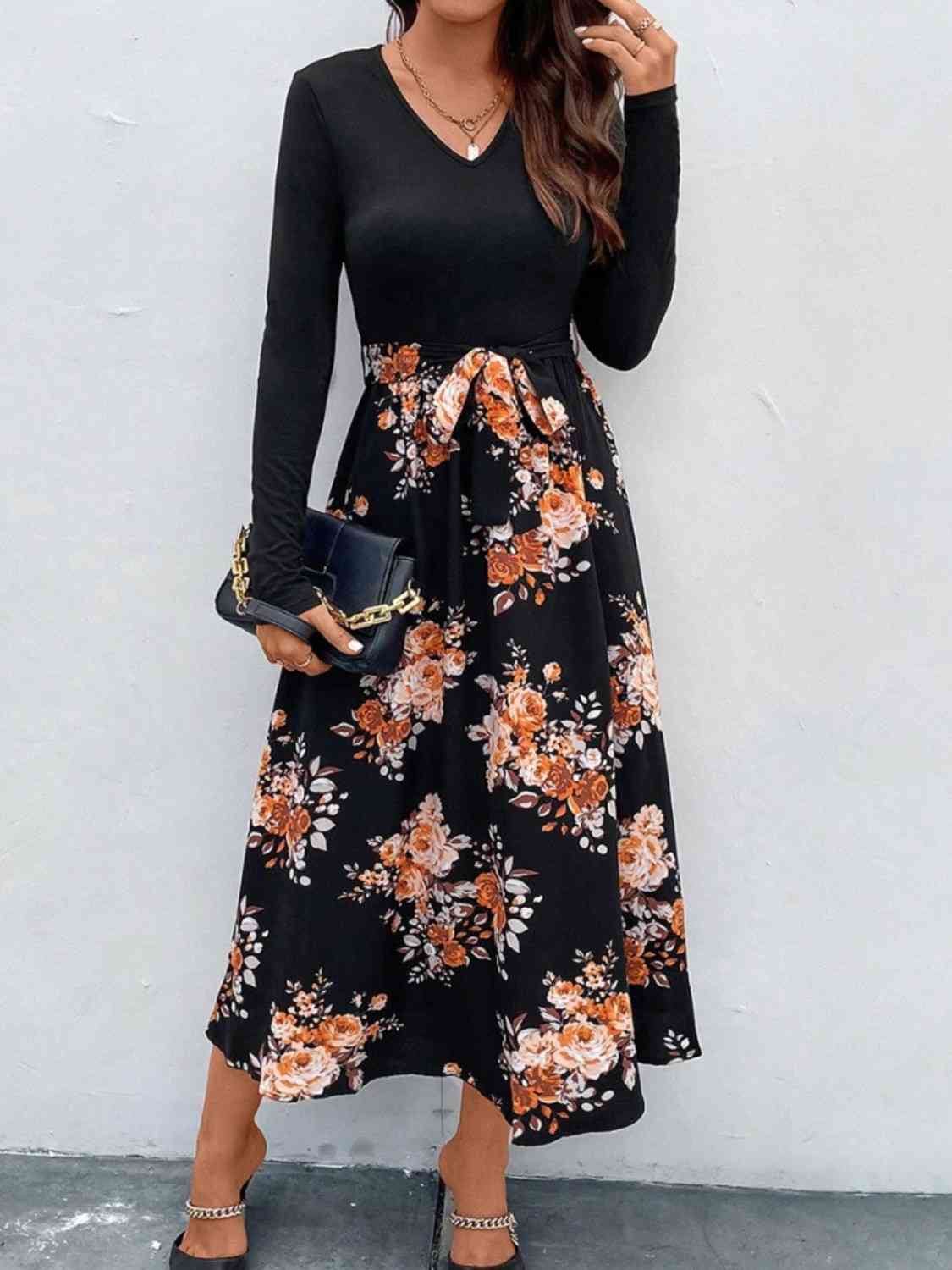 Floral V-Neck Long Sleeve Dress