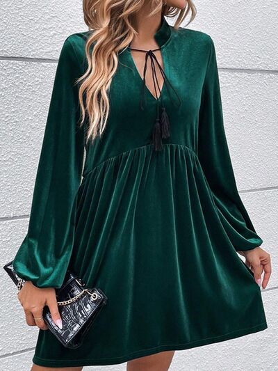 Tied Neck Balloon Sleeve Mini Dress