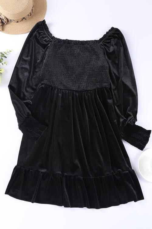 Square Neck Smocked Ruffle Hem Dress