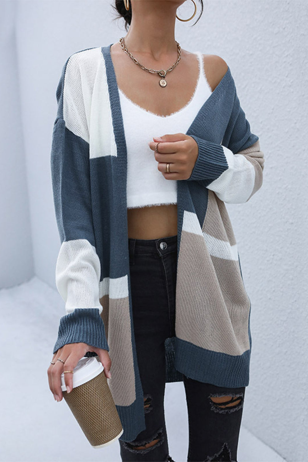 Color Block Dropped Shoulder Cardigan - GlamZation