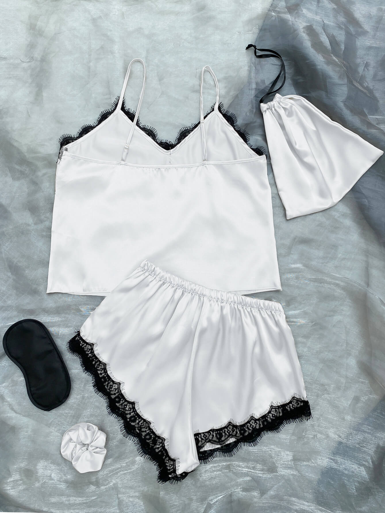 Lace Trim Cami, Shorts, Eye Mask, Scrunchie, and Bag Pajama Set