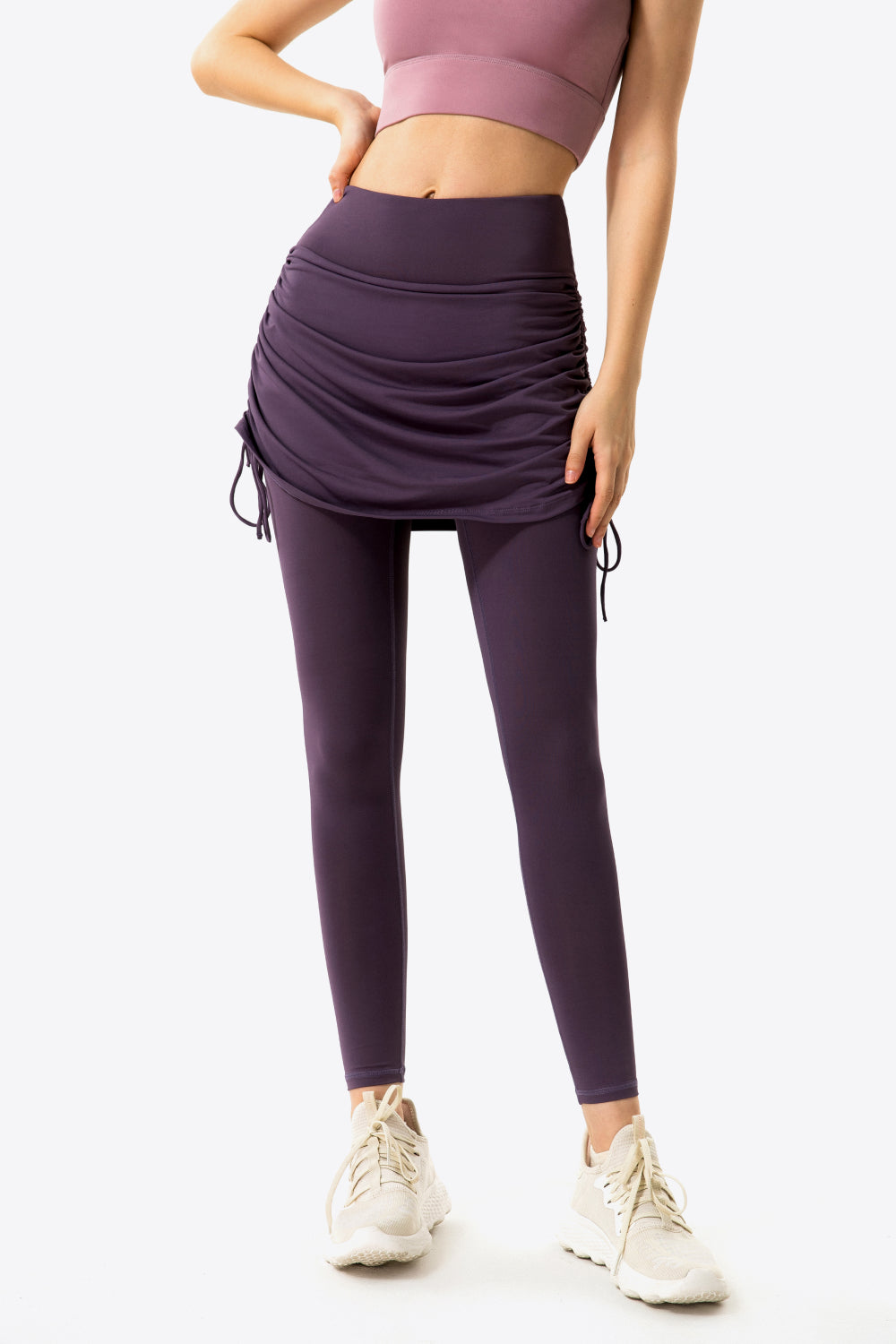 Drawstring Ruched Faux Layered Yoga Leggings - GlamZation