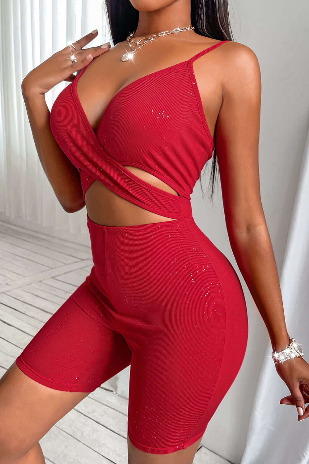 Crisscross Spaghetti Strap Cutout Ribbed Romper - GlamZation