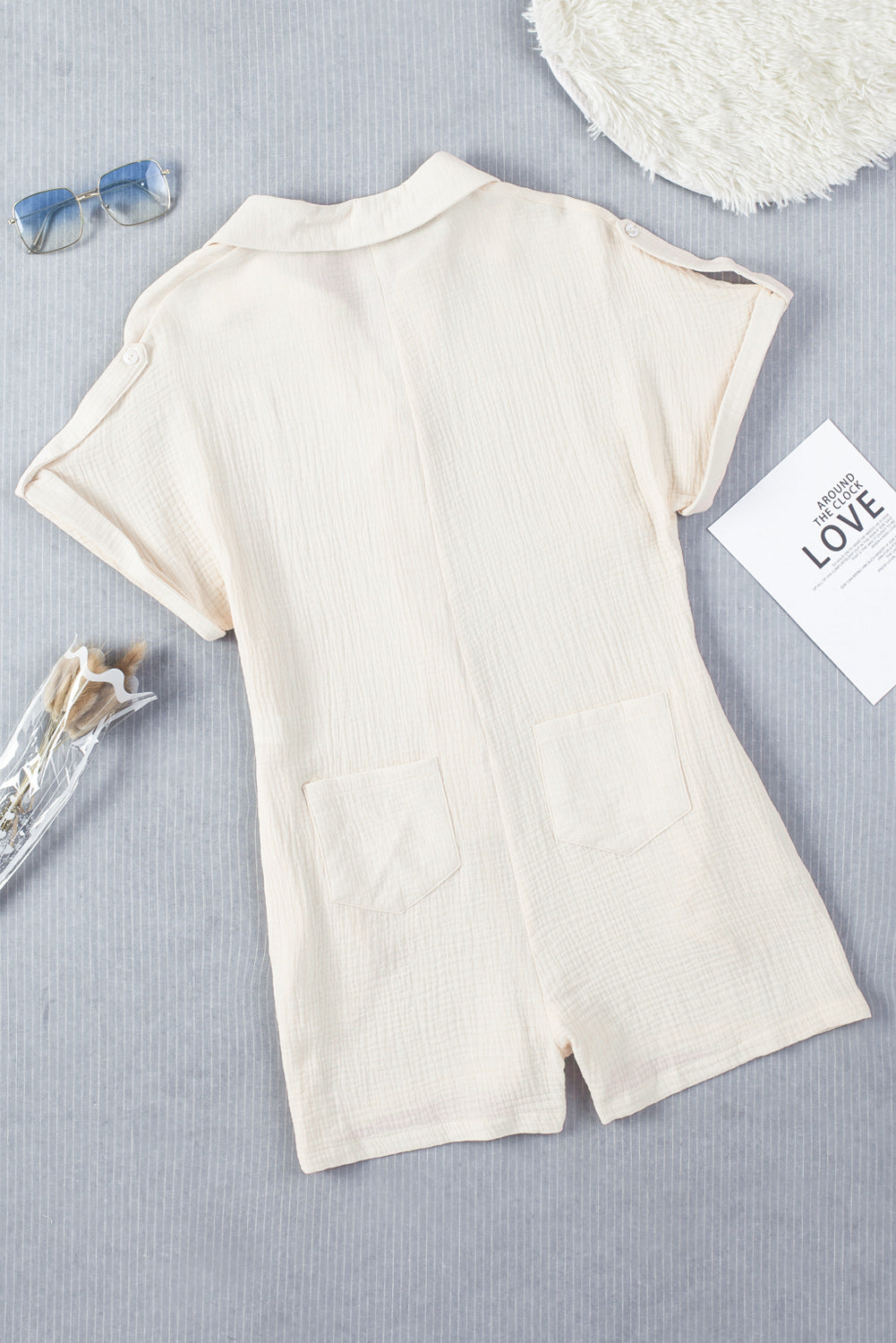 Textured Button Front Romper with Pockets