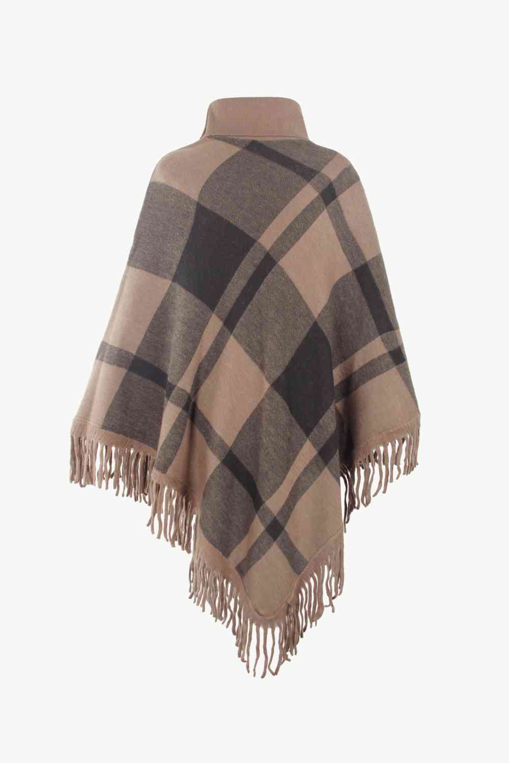 Plaid Turtleneck Fringe Hem Poncho