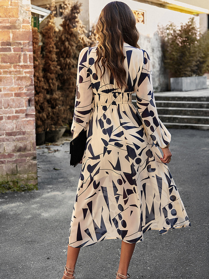 Printed V-Neck Long Sleeve Midi Dress