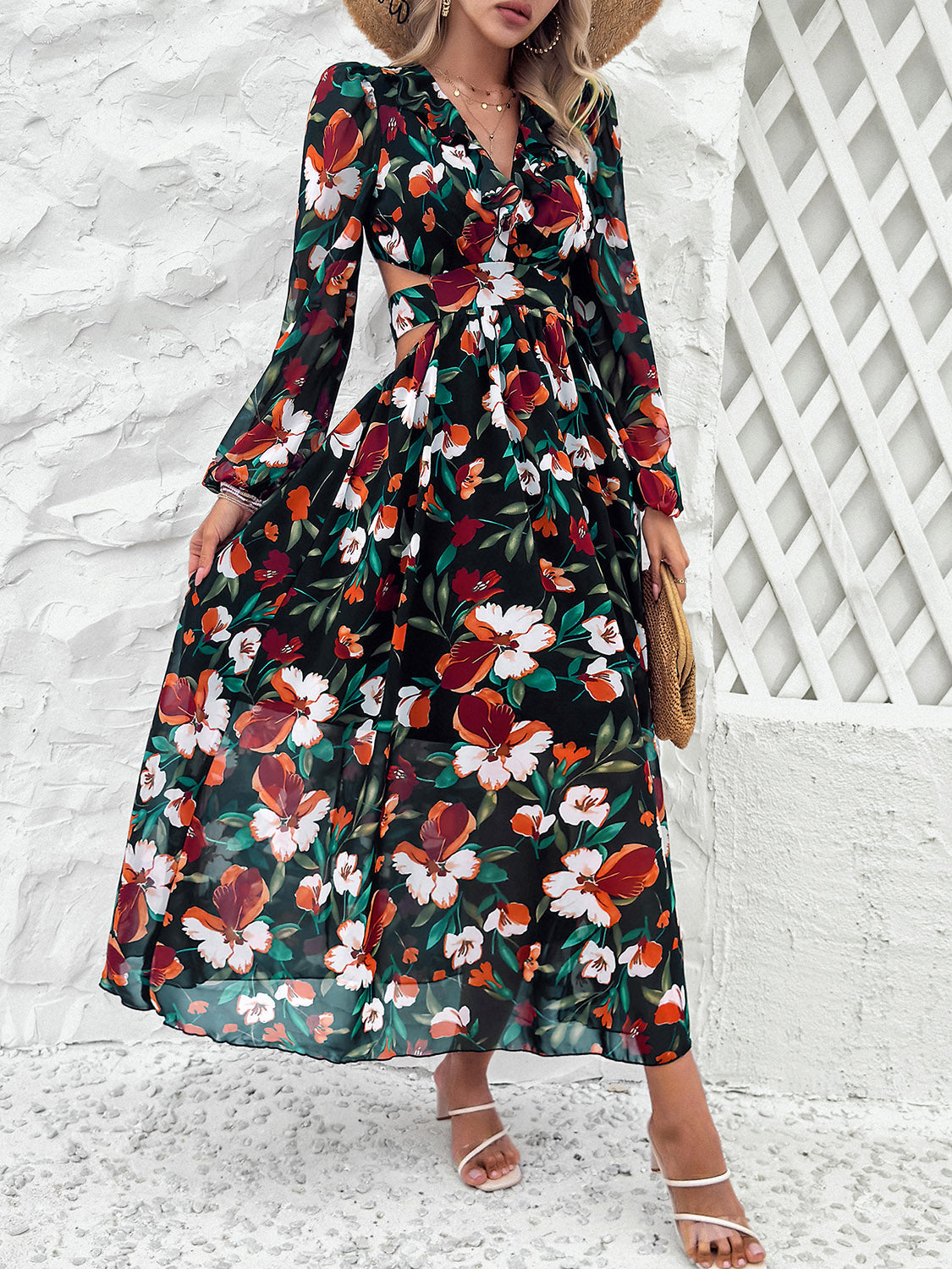 Cutout Printed V-Neck Balloon Sleeve Dress