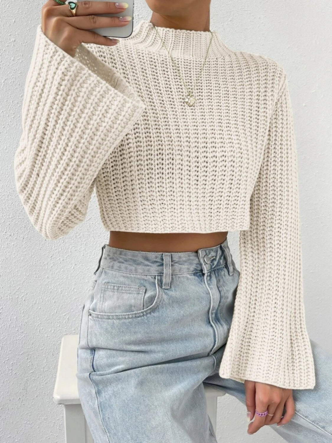 Mock Neck Long Sleeve Cropped Sweater