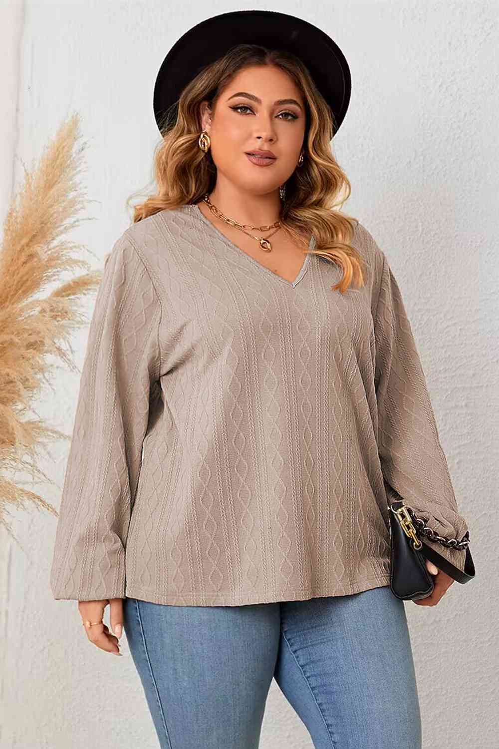 Plus Size Lace Detail V-Neck Long Sleeve Blouse