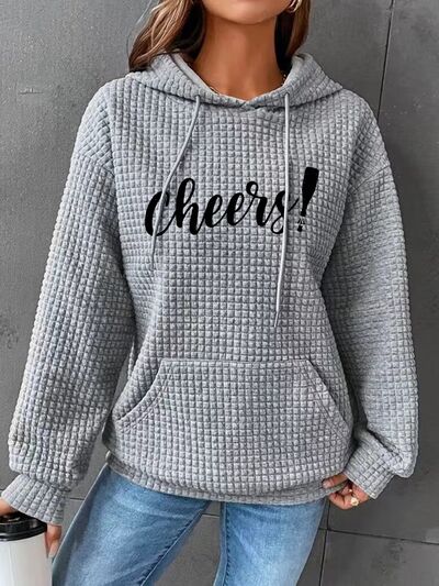 Full Size CHEERS Waffle-Knit Drawstring Hoodie