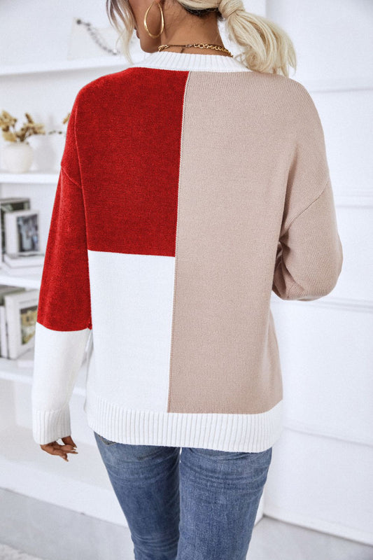 Contrast Ribbed Trim Round Neck Sweater - GlamZation