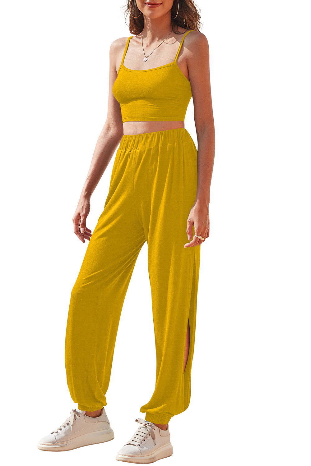 Cropped Cami and Side Split Joggers Set - GlamZation