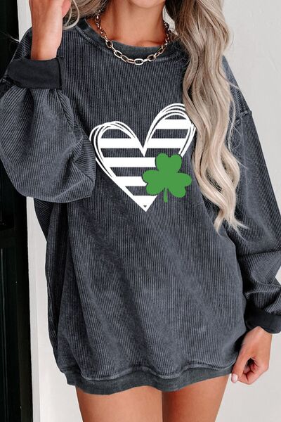 Heart Lucky Clover Round Neck Dropped Shoulder Sweatshirt