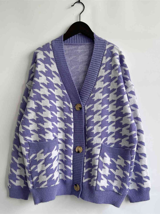 Houndstooth Botton Front  Cardigan with Pockets