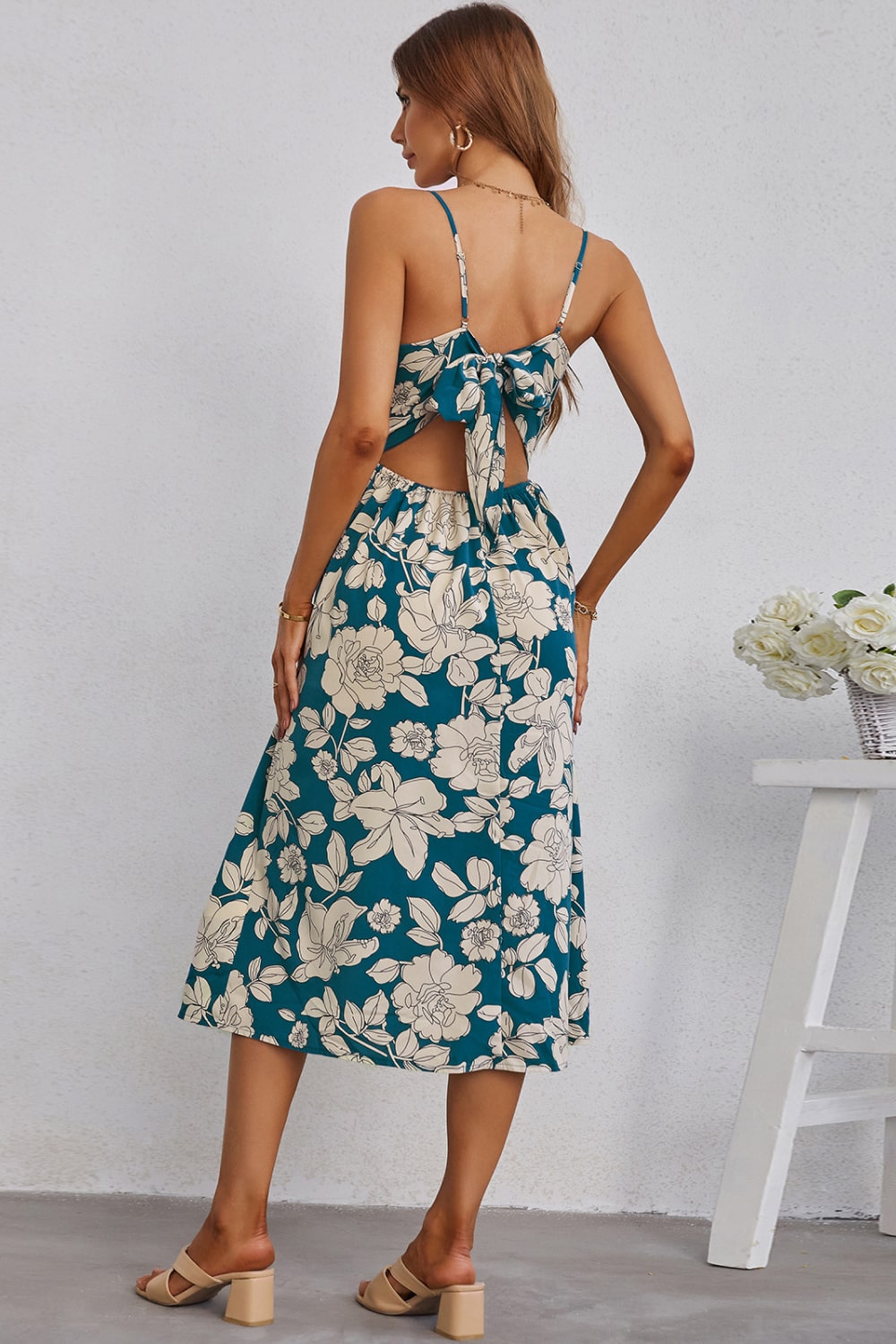 Floral Cutout Bow Detail V-Neck Dress - GlamZation