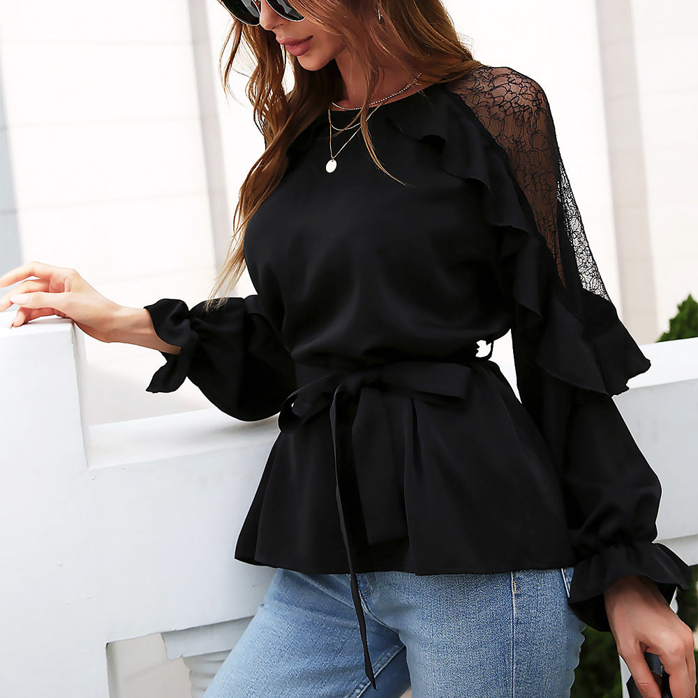 Round Neck Front Tie Flounce Sleeve Lace Cap Blouse