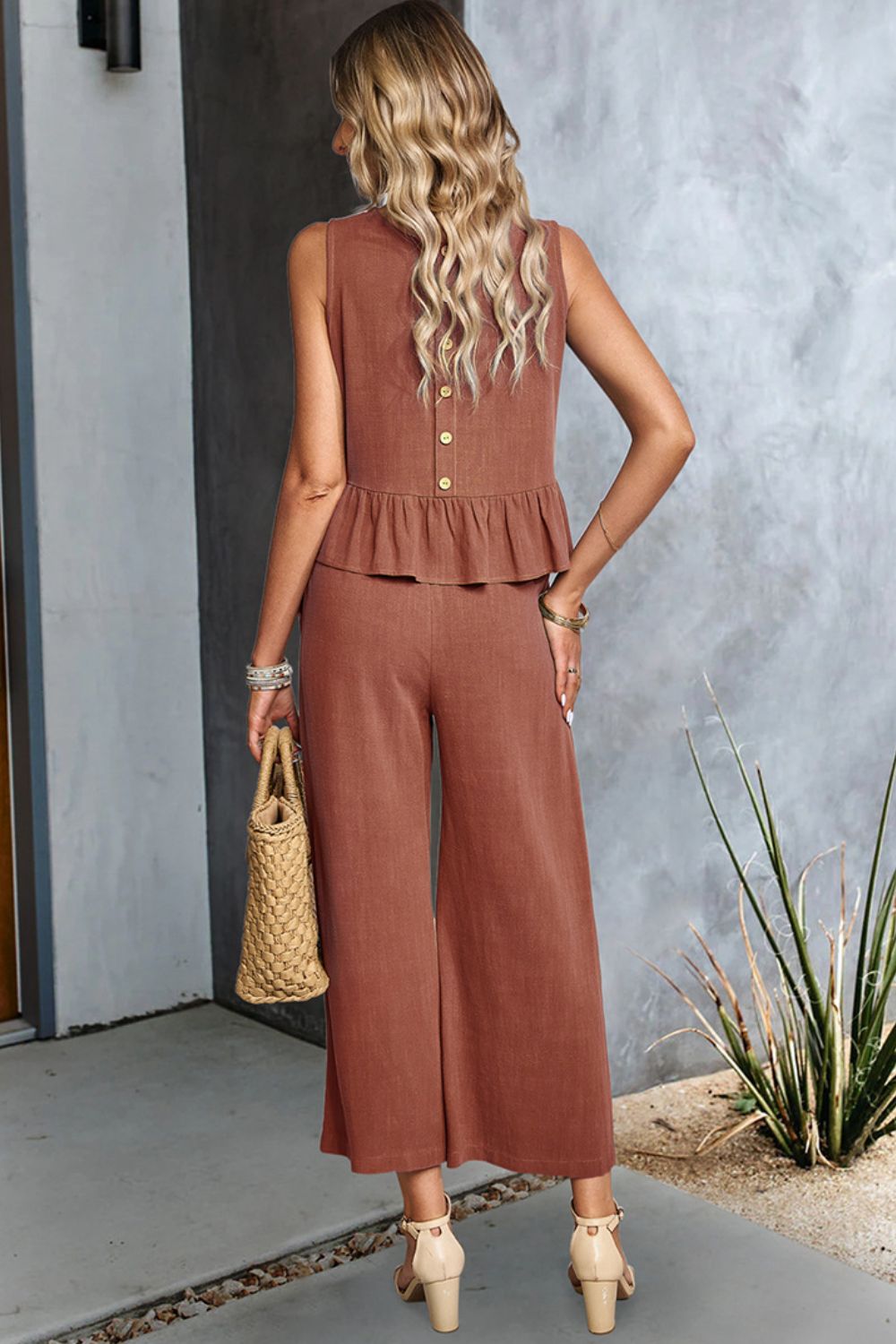 Decorative Button Ruffle Hem Tank and Pants Set