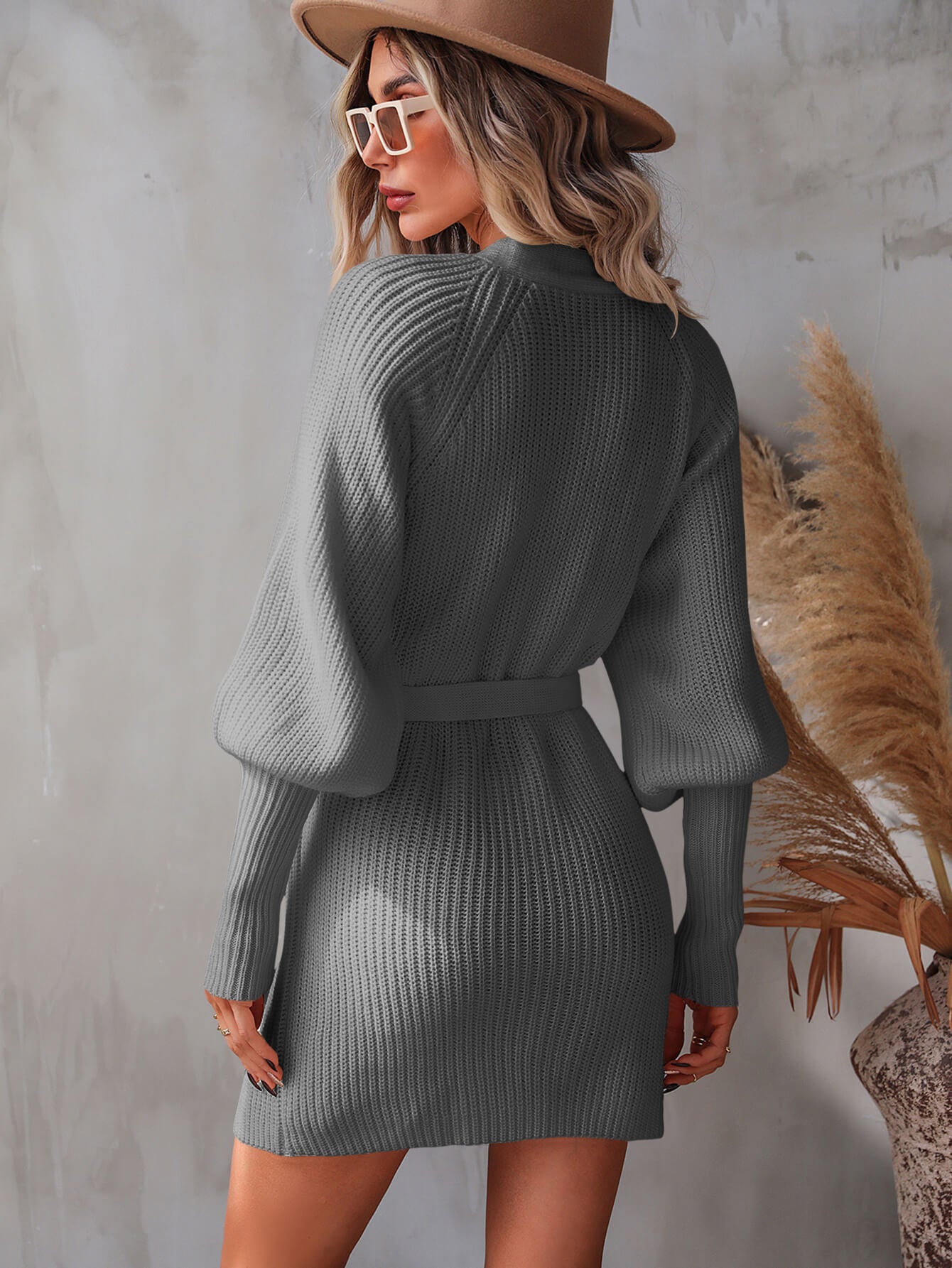 Belted Surplice Lantern Sleeve Wrap Sweater Dress - GlamZation