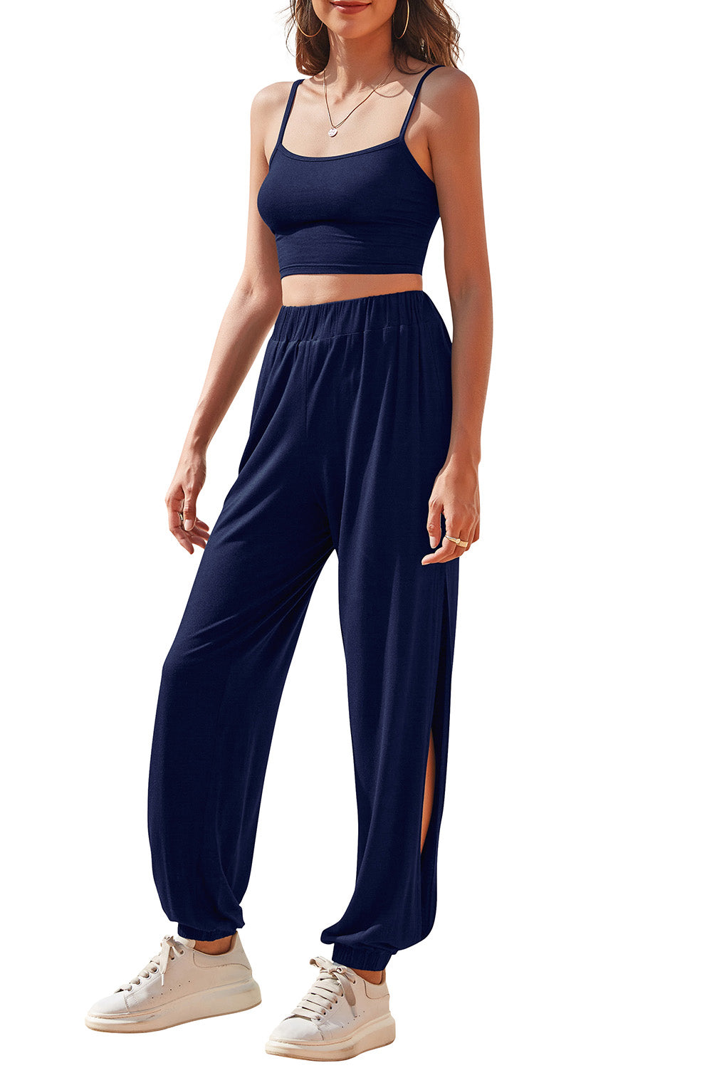 Cropped Cami and Side Split Joggers Set - GlamZation