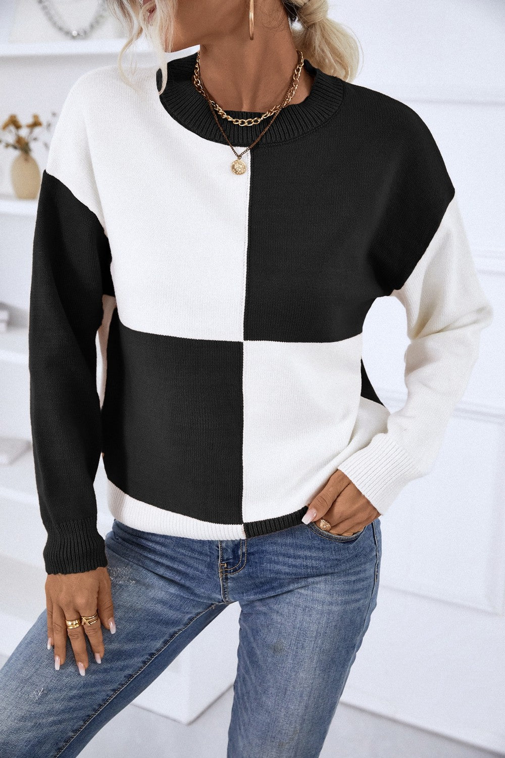 Color Block Ribbed Trim Dropped Shoulder Knit Pullover - GlamZation