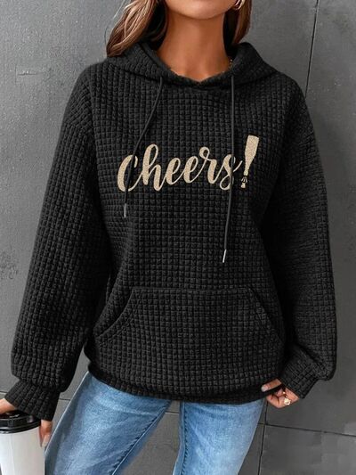 Full Size CHEERS Waffle-Knit Drawstring Hoodie