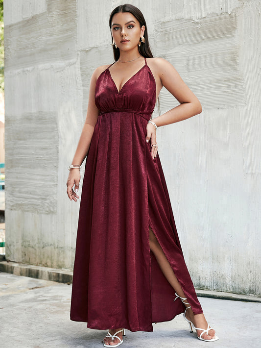 Plus Size Crisscross Side Split Plunge Velvet Maxi Dress - GlamZation