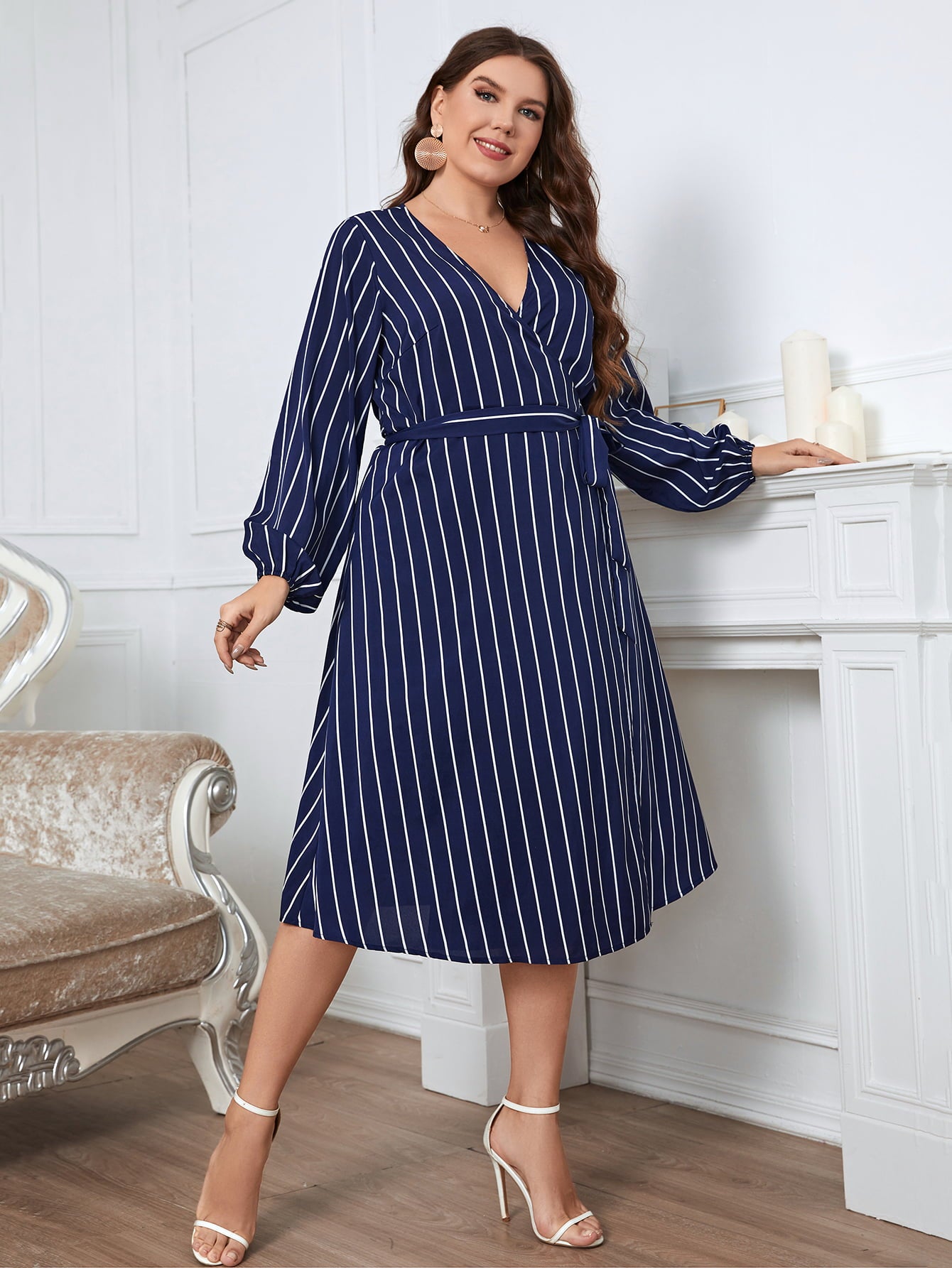 Plus Size Striped Surplice Neck Long Sleeve Dress