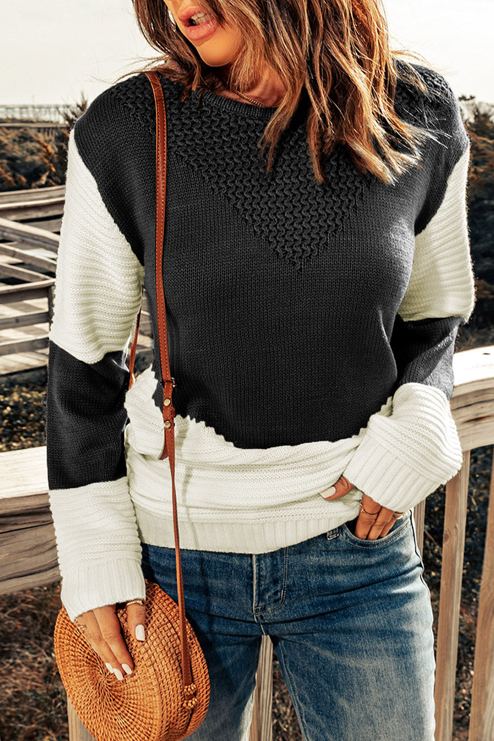 Two-Tone Openwork Rib-Knit Sweater