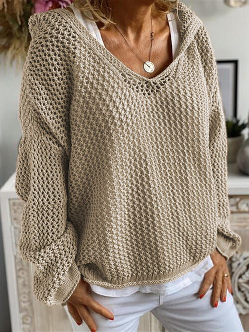 Openwork Hooded Long Sleeve Sweater