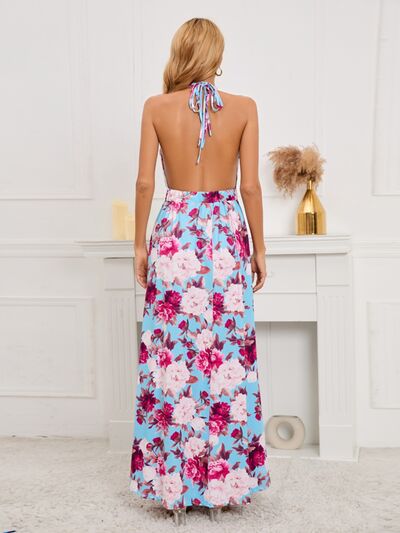 Slit Backless Printed Halter Neck Dress