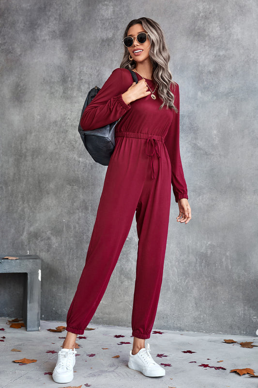 Drawstring Waist Round Neck Long Sleeve Jumpsuit - GlamZation