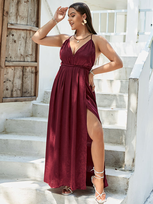 Plus Size Crisscross Side Split Plunge Velvet Maxi Dress - GlamZation