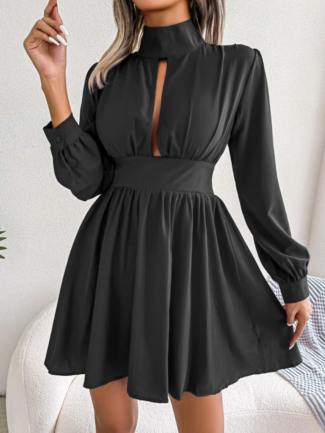 Cutout Turtleneck A-Line Mini Dress - GlamZation