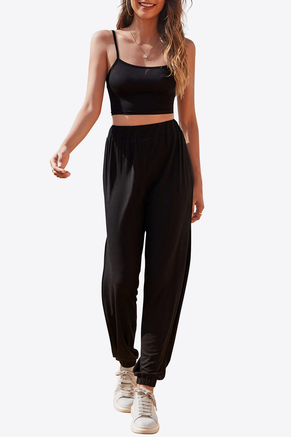 Cropped Cami and Side Split Joggers Set - GlamZation