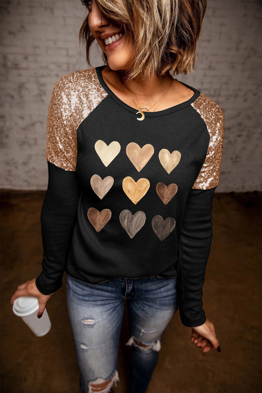 Contrast Sequin Heart Graphic Raglan Sleeve Top - GlamZation