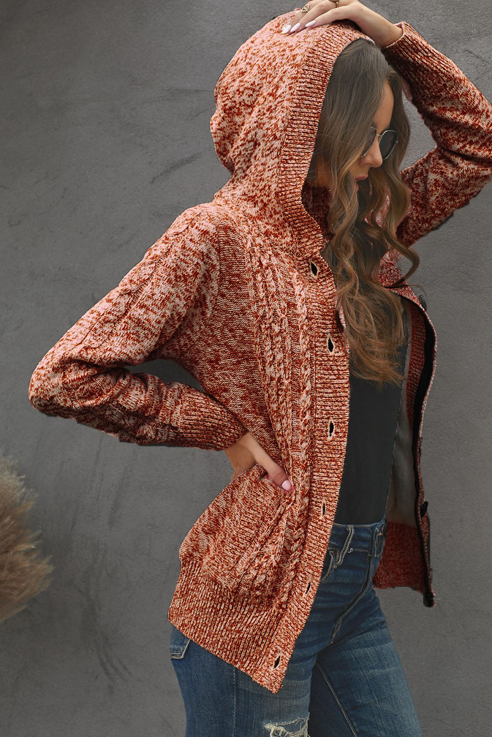 Cable-Knit Fleece Lining Button-Up Hooded Cardigan - GlamZation