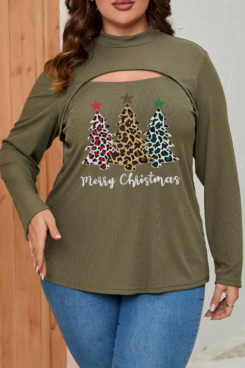 Plus Size Christmas Tree Graphic Cutout Round Neck Long Sleeve Blouse