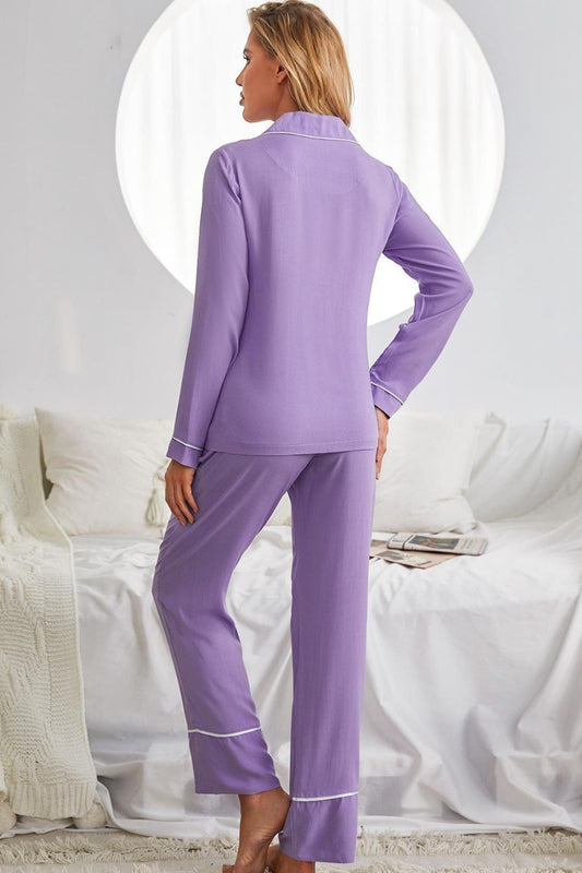 Contrast Lapel Collar Shirt and Pants Pajama Set with Pockets - GlamZation