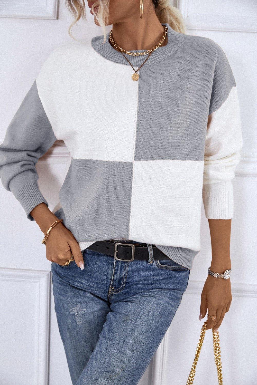 Color Block Ribbed Trim Dropped Shoulder Knit Pullover - GlamZation