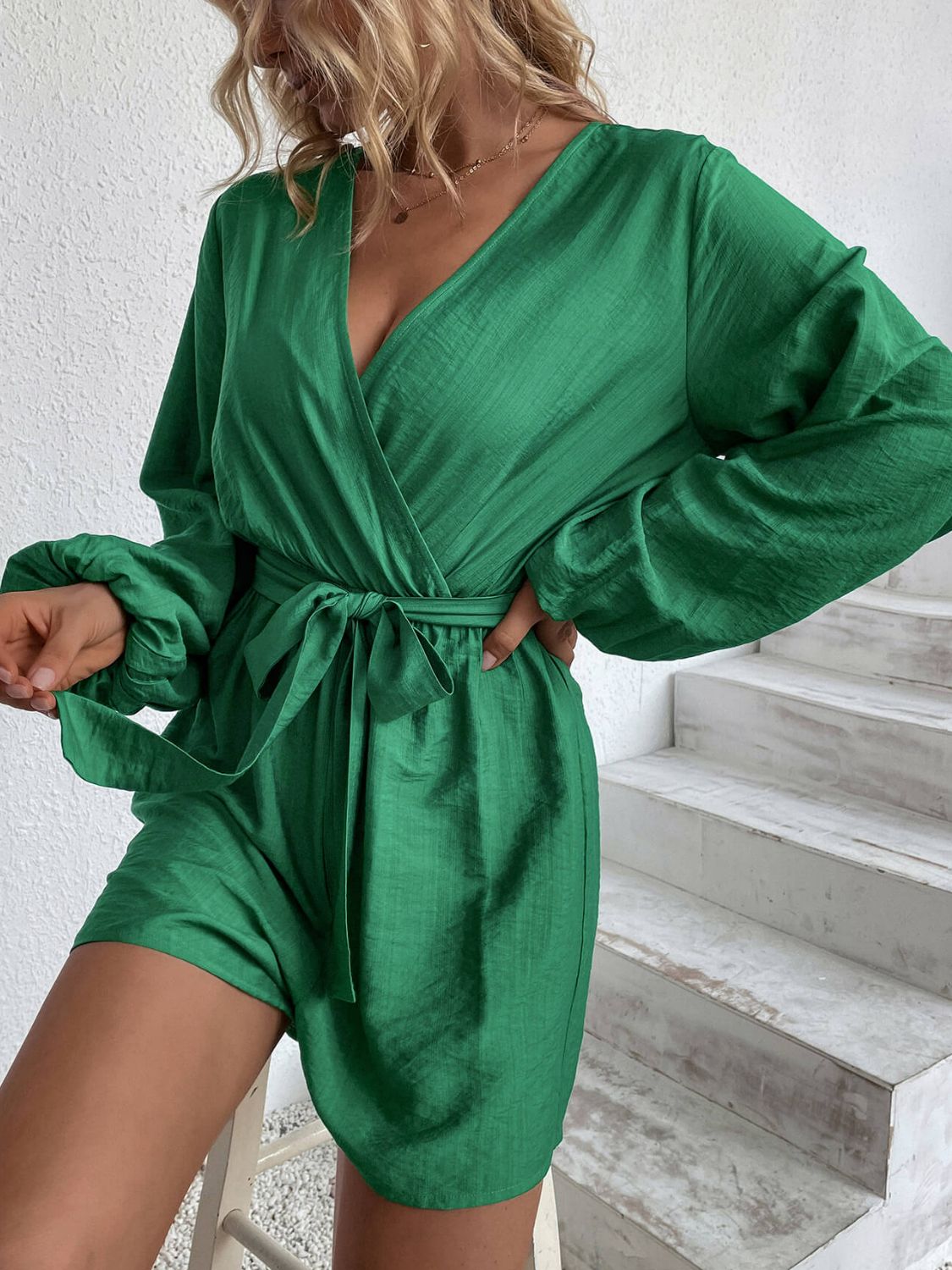 Tie-Waist Balloon Sleeve Surplice Romper