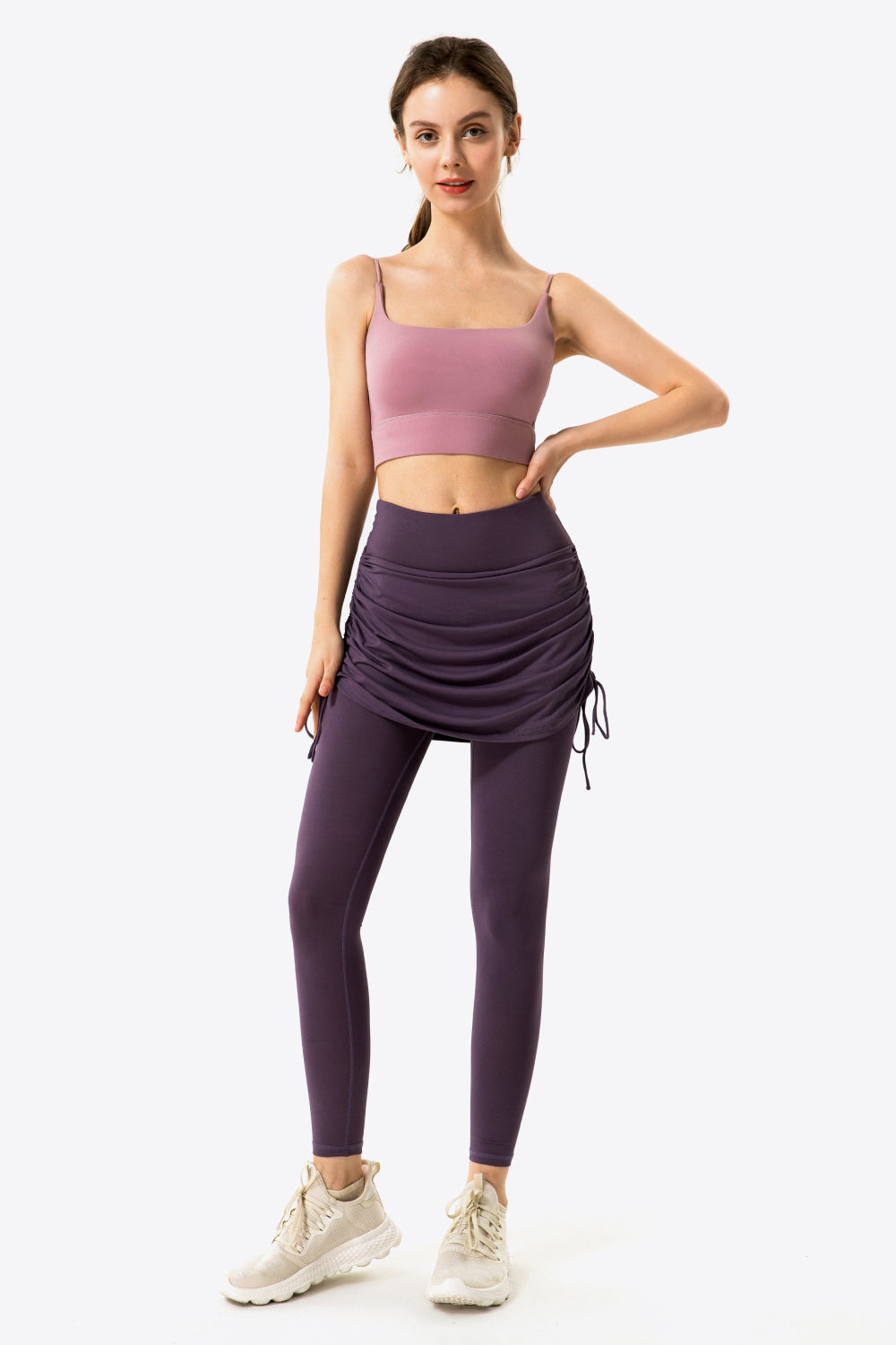 Drawstring Ruched Faux Layered Yoga Leggings - GlamZation