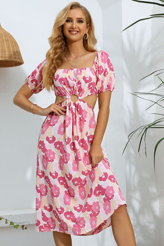 Floral Cutout Square Neck Puff Sleeve Dress - GlamZation