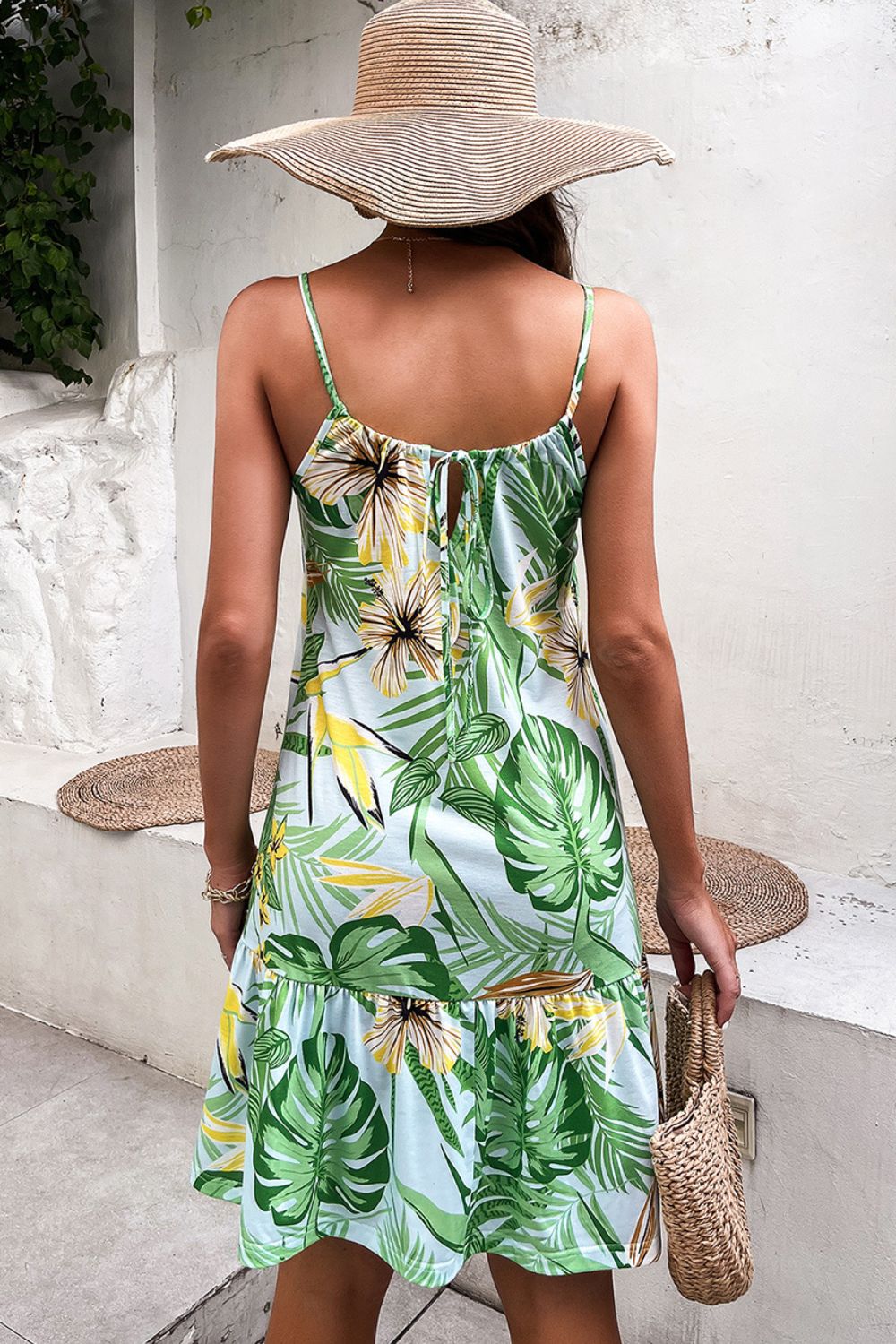 Botanical Print Spaghetti Strap Scoop Neck Mini Dress - GlamZation