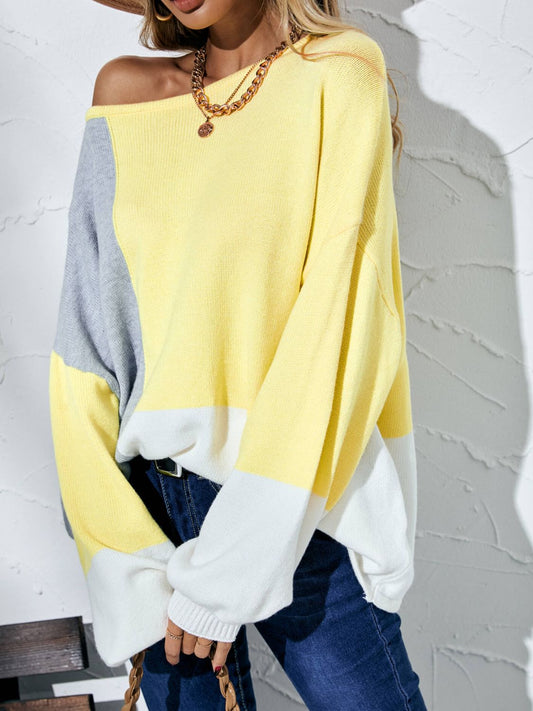 Color Block Balloon Sleeve Boat Neck Sweater - GlamZation